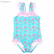 Одежда для купания для маленьких девочек, голубой, розовый цветочный узор, от 2 до 4 лет, детский цельный купальник, детская пляжная одежда детский купальный костюм