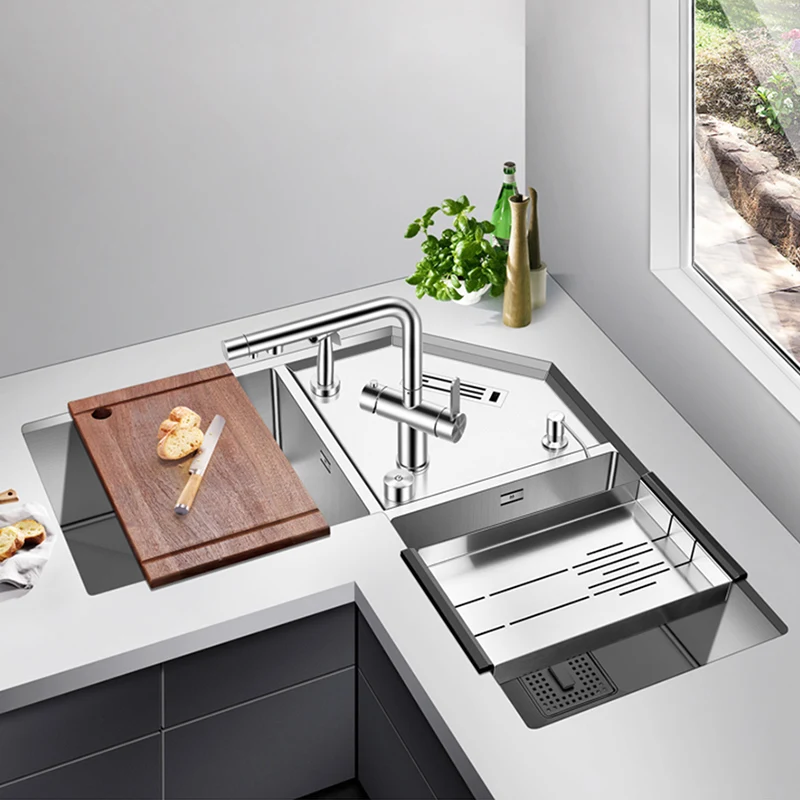 SUS 304 Stainless Steel Handmade Brushed Corner Kitchen Sink 4mm Thickness 4 Holes Double Kitchen Sinks With Knife Holder 3