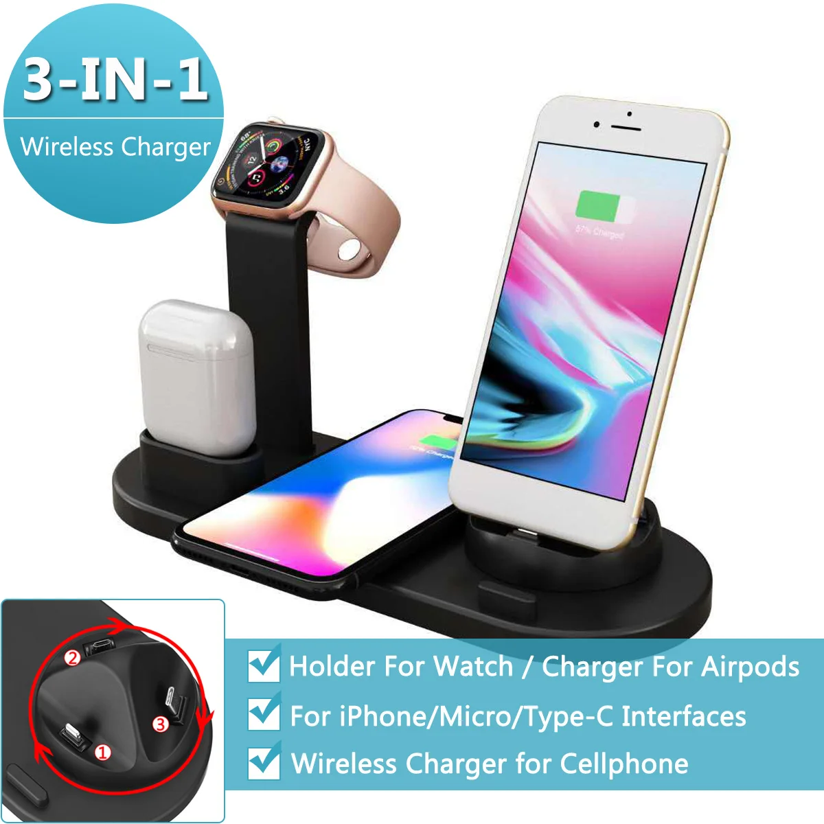 

3 in 1 Qi Wireless Charging Induction Charger Stand for iPhone X XS Max XR for Airpod for Apple Watch Docking Dock Station 4in1