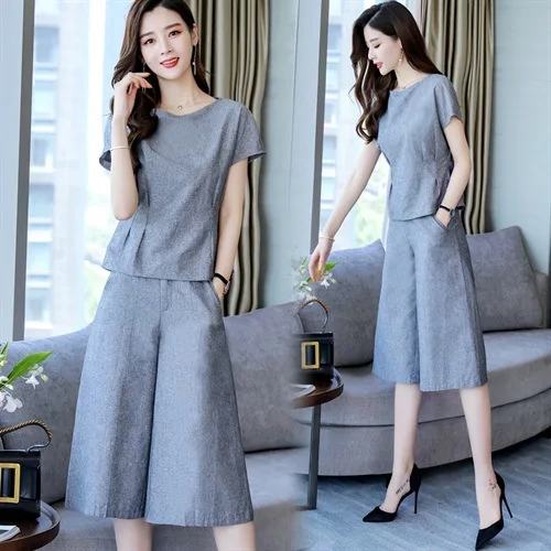 

Cotton Linen Loose Pants WOMEN'S Suit 2019 Summer New Style Short-height Fashion Western Style Popular by Age Two-Piece Set Divi