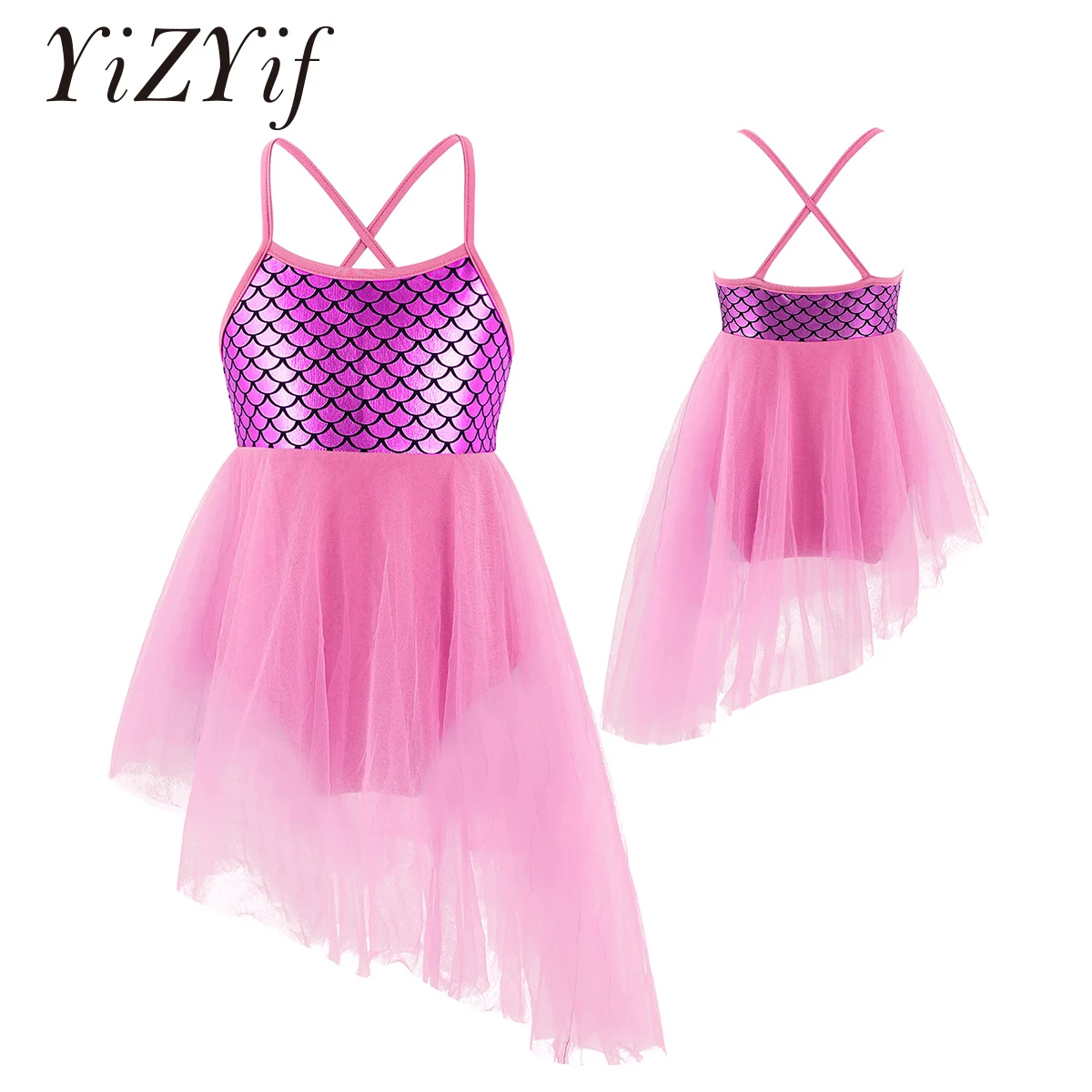 

Kids Teens Fish Scales Tulle Dancewear Ballet Dress Girls Contemporary Lyrical Dance Costumes Irregular Hem Gymnastics Leotard