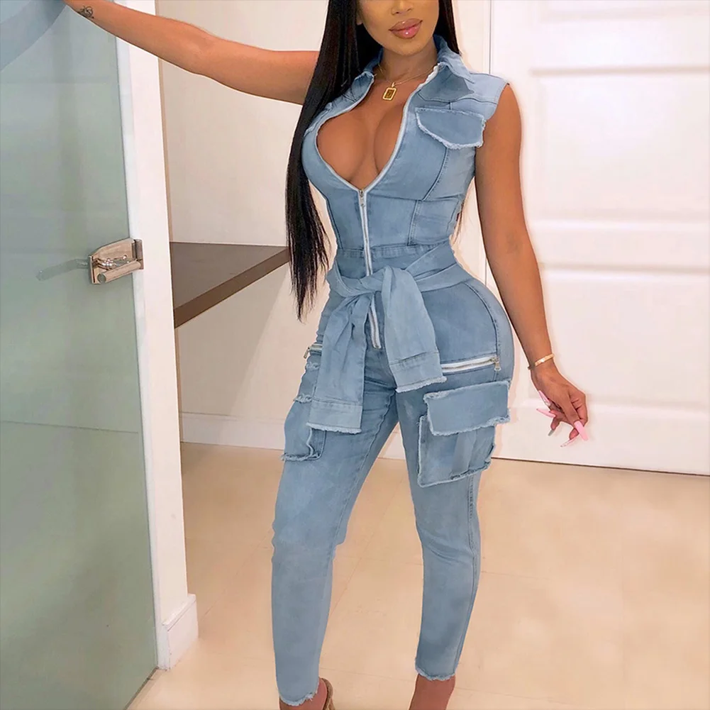 

Fadzeco Women Sexy Deep V Neck Bodycon Jumpsuit Denim Sleeveless Zipper Club Long Pants Romper Playsuit with Pocket