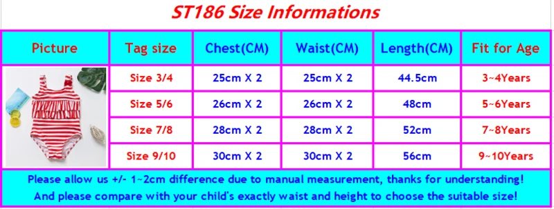 ST186 girls swimwear size chart