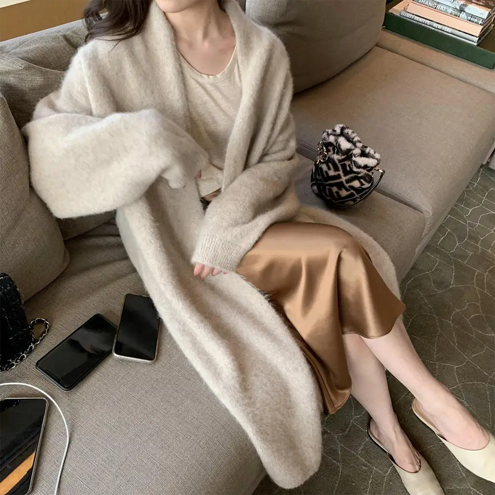 Baratos Elegante suéter de cachemira grueso largo cálido cárdigan mujer abrigo de invierno tejido moda suéteres cárdigan