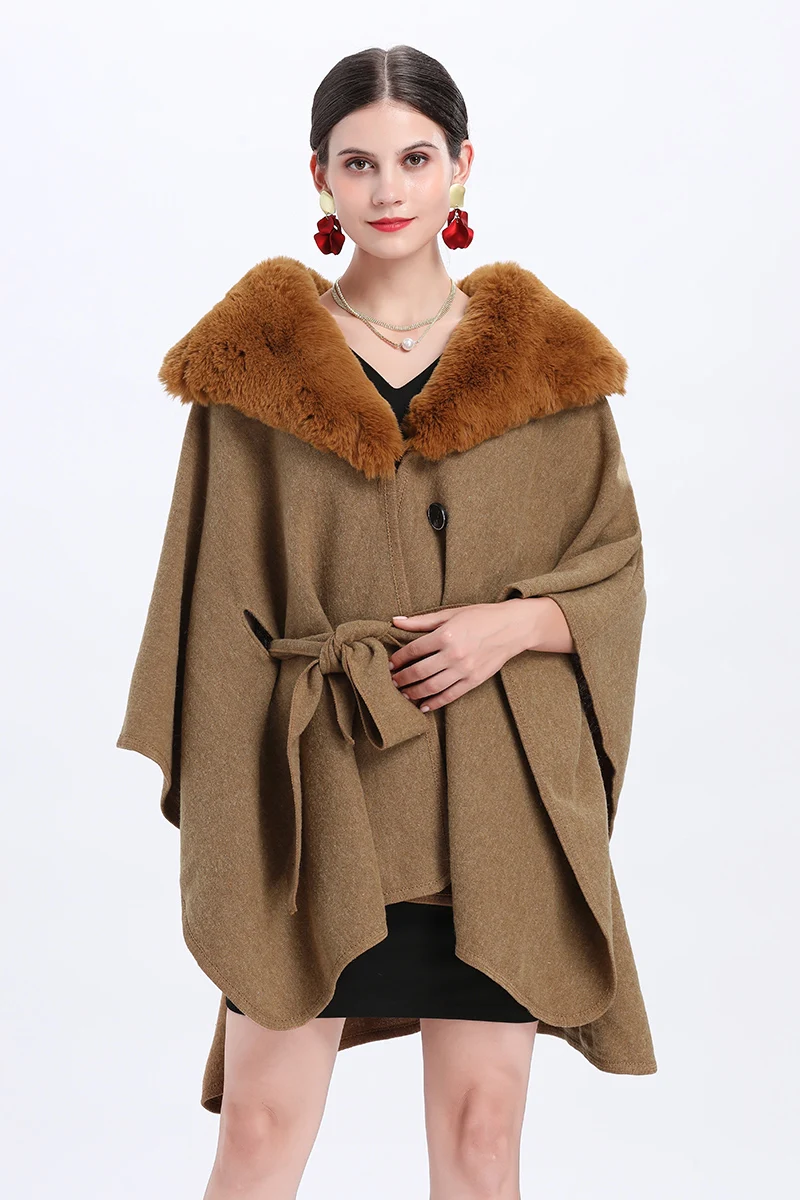 5 Colors Women Outstreet Poncho Wear Winter Thick Cardigan Big Rabbit Fur Turn-down Neck Long Cloak Front Tie Belt Loose Coat