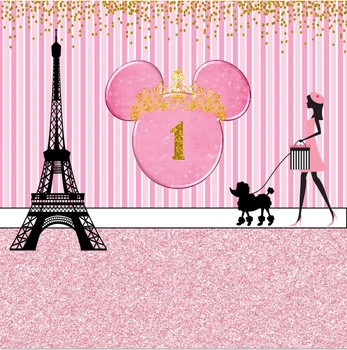 

8x8FT Pink Stripes Gold Coins Minnie Head Eiffel Tower Model Custom Backgrounds Photo Studio Backdrops Vinyl 240cm x 240cm