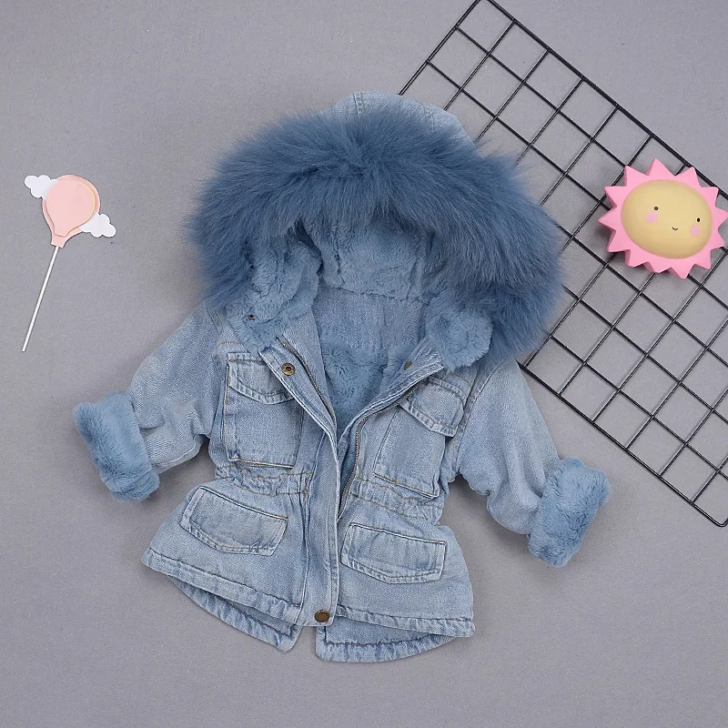 Girls Winter Coats New Children Denim Jacket Plus Velvet Real Fur Warm Toddler Girl Outerwear Coat Baby Winter Girl Parka