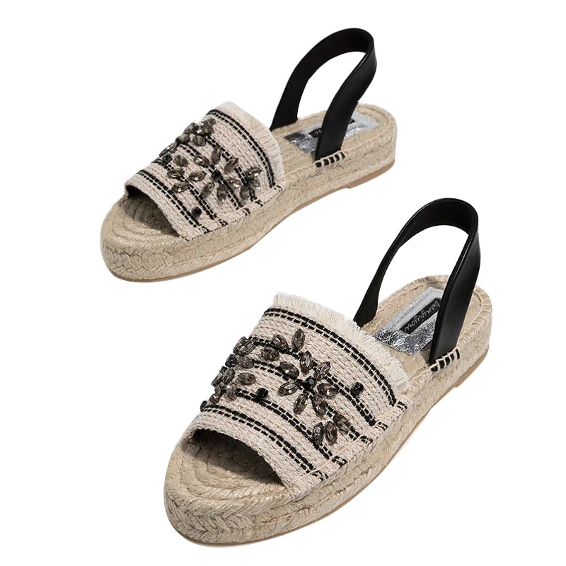 2024 summer Fisherman Flats Sandals Peep Toe Thick Bottom Flat Platform Sandalias Straw Diamond Holiday Hemp Lazy Shoes Woman
