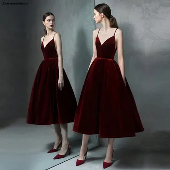 

Burgundy Prom Dresses Short Tea-Length Spaghetti Open Back Velvet Simple Formal Party Evening Gowns Vestidos De Festa 2020