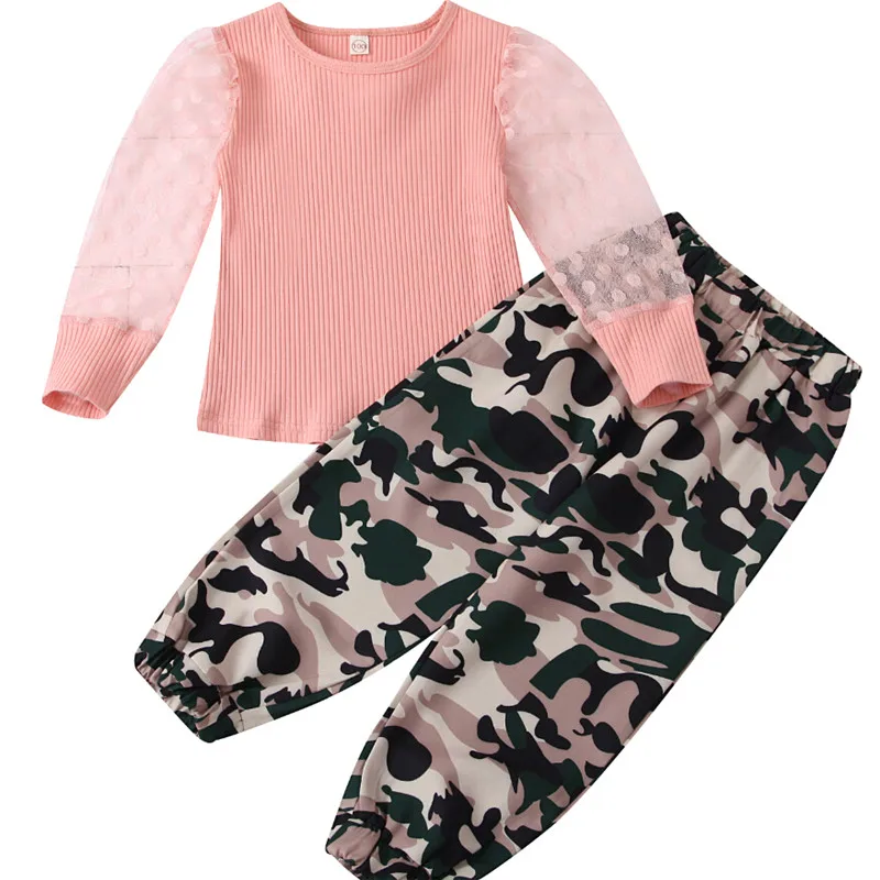 

OPPERIAYA Toddler Baby Fall Clothes Mesh Long Sleeve Crew Neck Knit Tops Camouflage Pants 2Pcs autumn casual Outfits Set
