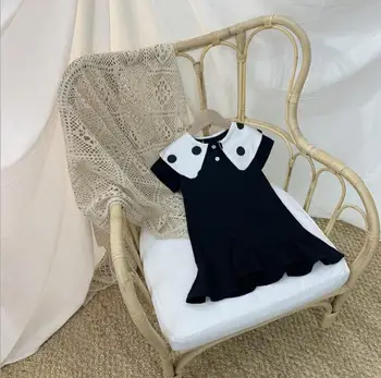 

2020 summer girls dots turn-down collar chiffon dress baby girls black dresses kids dress for girl children clothes wholesale