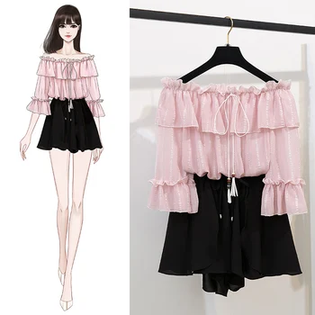 

Summer Slash Neck Chiffon Cute Flare Sleeve Blouse Shirt Loose Casual Solid Shorts Two Piece Sweet Sets