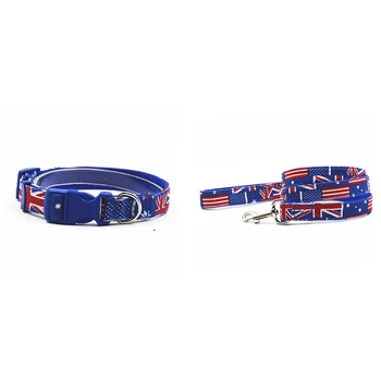 

New Dseign Nylon Dog Collar Leash Flag Pattern Blue Color Pet Collar Lead Adjustable Easy Fit Small Medium- Size Dog S L