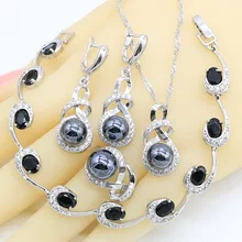 Геометрический черный жемчуг 925 серебряные ювелирные наборы для женщин серьги кольца ожерелье Кулон Циркон браслет