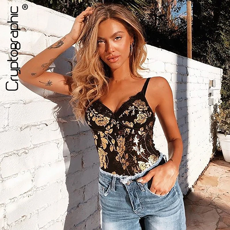 

Cryptographic Black Floral Lace Bodysuits Sexy Spaghetti Strap Teddy Female Sleeveless V Neck Patchwork Mesh Jumpsuit 2019