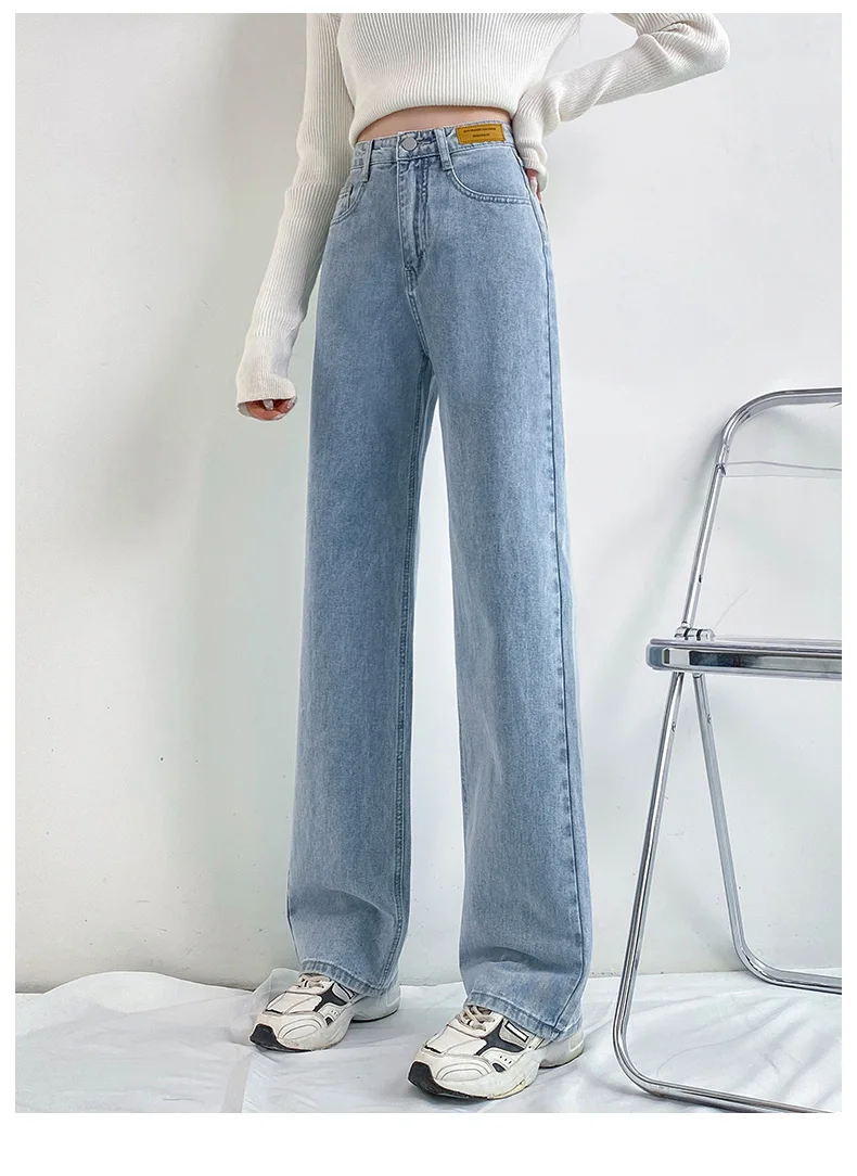 blue jeans OUSSYU Brand Woman Jeans High Waist Wide Leg Cotton Denim Clothing Blue White Streetwear Vintage Fashion Harajuku Straight Pants black mom jeans