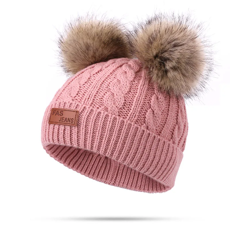 Модная зимняя двойная помпоновая шапочка, шапка для детей, милые вязаные теплые плотные мягкие шапочки Skullies для девочек и мальчиков, шапочка