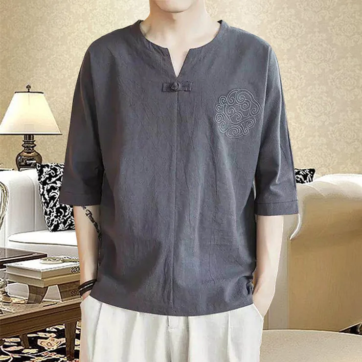 Summer Men Linen Shirt Chinese Style Retro Casual V-neck Tops Plus Size Embroidery Traditional Asian Tang Suit Tops for Man