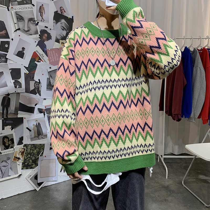 Sweater Men's Warm Fashion Contrast Color Casual Retro O-neck Knit Pullover Men Loose Knitting Sweaters Male Sweter Clothes - Цвет: green