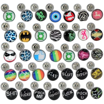 

1PC 316l Surgical Steel Tongue Barbell Ring Epoxy Different Style Bad Dirty Word Logo Tongue Barbell Piercing Rings Body Jewelry