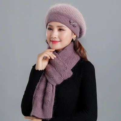 Новые зимние толстые теплые бархатные женские береты модные элегантные женские шапки шарф бант украшение для прически шапки из кроличьего меха - Цвет: Leather purple