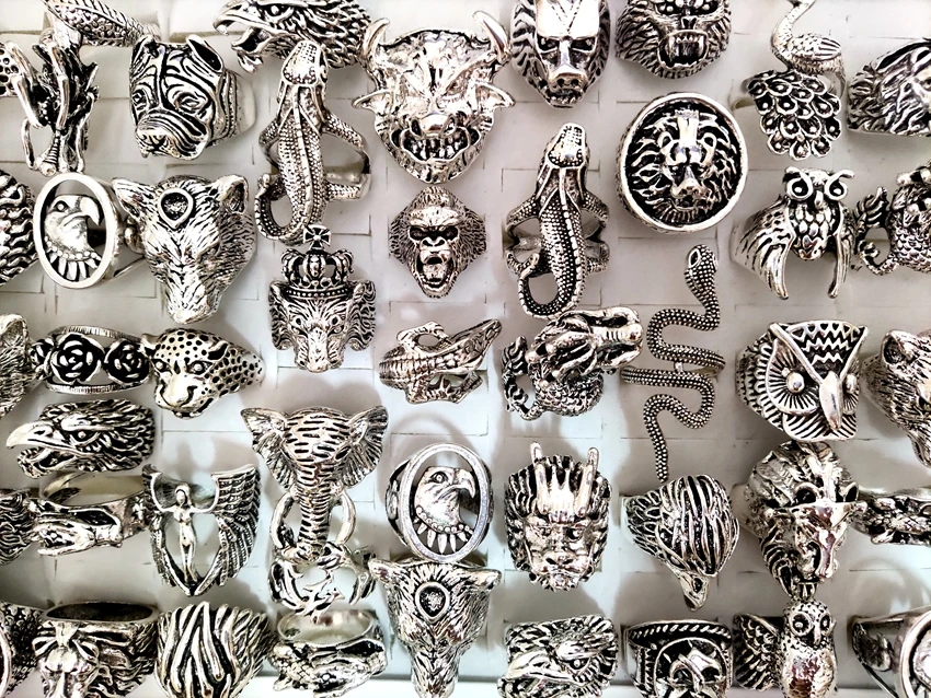 25pcs/lot Animals Rocker Biker Man Ring Dragon Snake Elephant Owl Big Men Ring Party Gift Wholesale Mixed 6