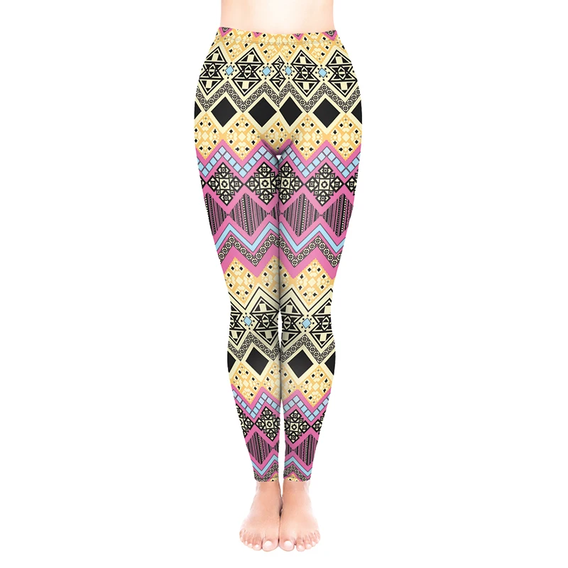 

Aztec Yellow Pink Leggings Women Square Geometry Pattern Printing Pants High Waist Strefch Legings Comforable Fitness Leggings