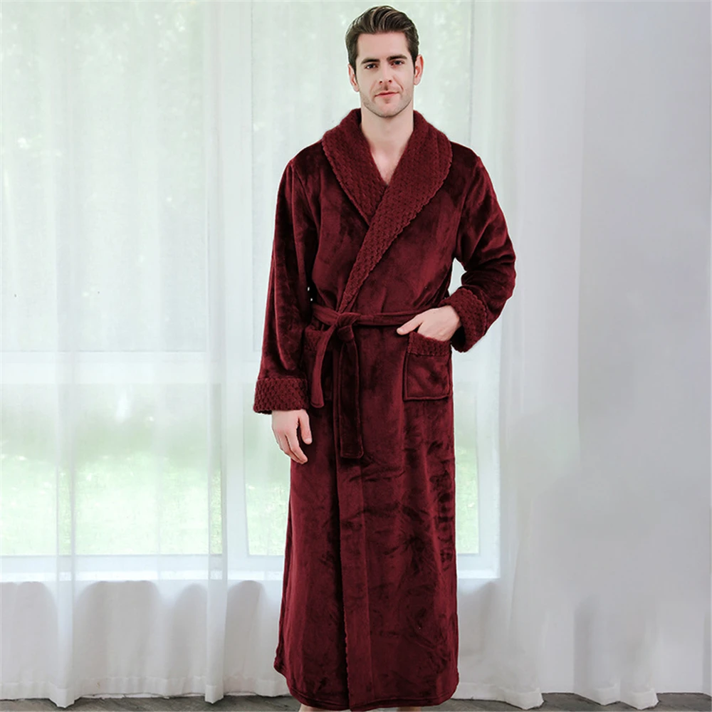 Халат женский мужской пижама ночнушка махровый теплый для пары, толстый фланелевый бархатный белый серый красный банный халат Ночная Пижама - Цвет: Men-wine red