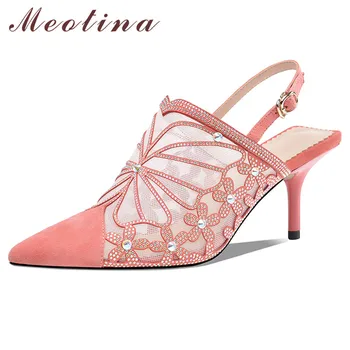 

Meotina Kid Suede High Heel Shoes Women Crystal Cutouts Slingbacks Pumps Pointed Toe Thin Heel Party Footwear Ladies Summer 40