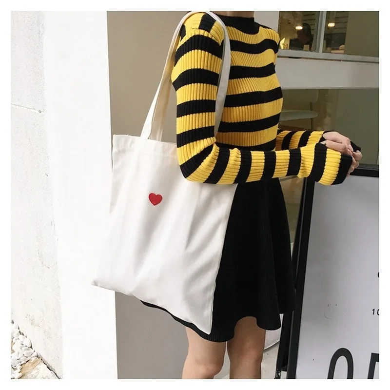 Tote-Bag Shopper Canvas Foldable Travel Hearts White Beach Cotton Eco Womens Woman Cloth