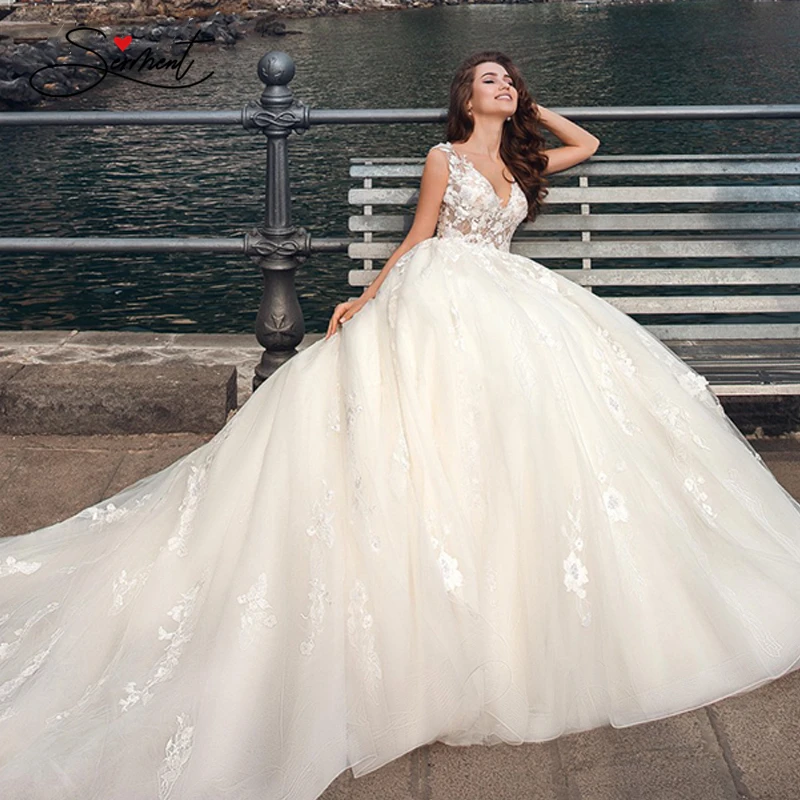 

BAZIIINGAAA Luxury Wedding Dress V-neck Card Shoulder Wedding Dress Sexy Backless 3D Decal Bride Support Tailor-made