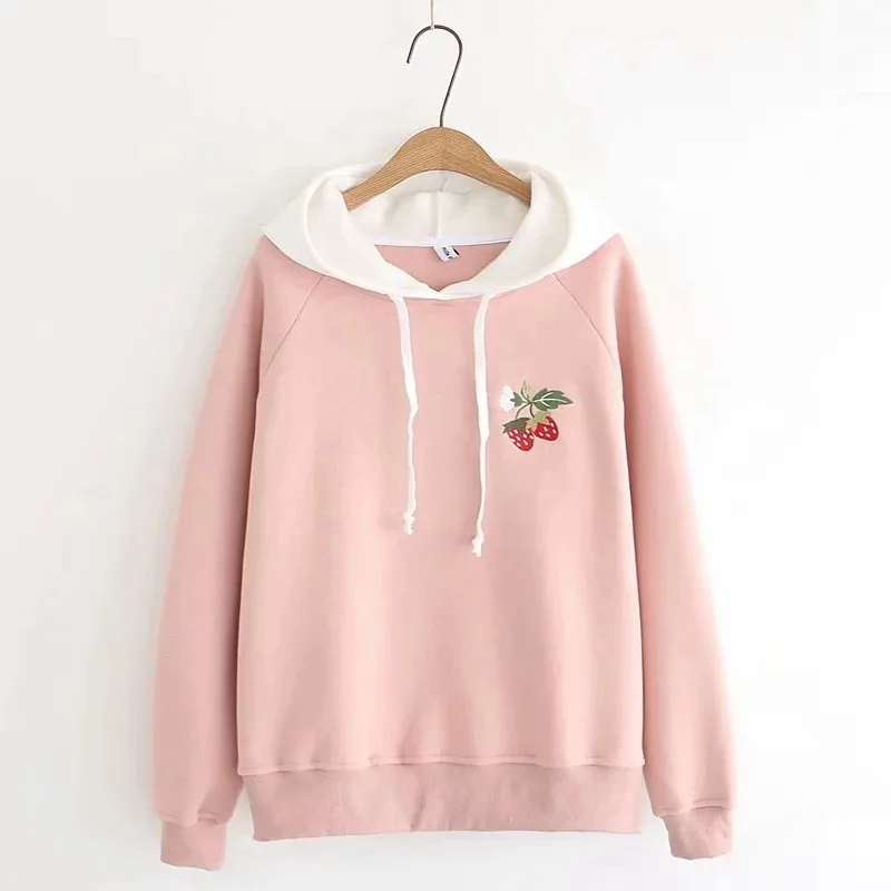 Розовый MERRY PRETTY толстовки с капюшоном женские мультфильм клубника Вышивка толстовки зима Harajuku Drawstring пуловеры спортивный костюм - Цвет: Розовый