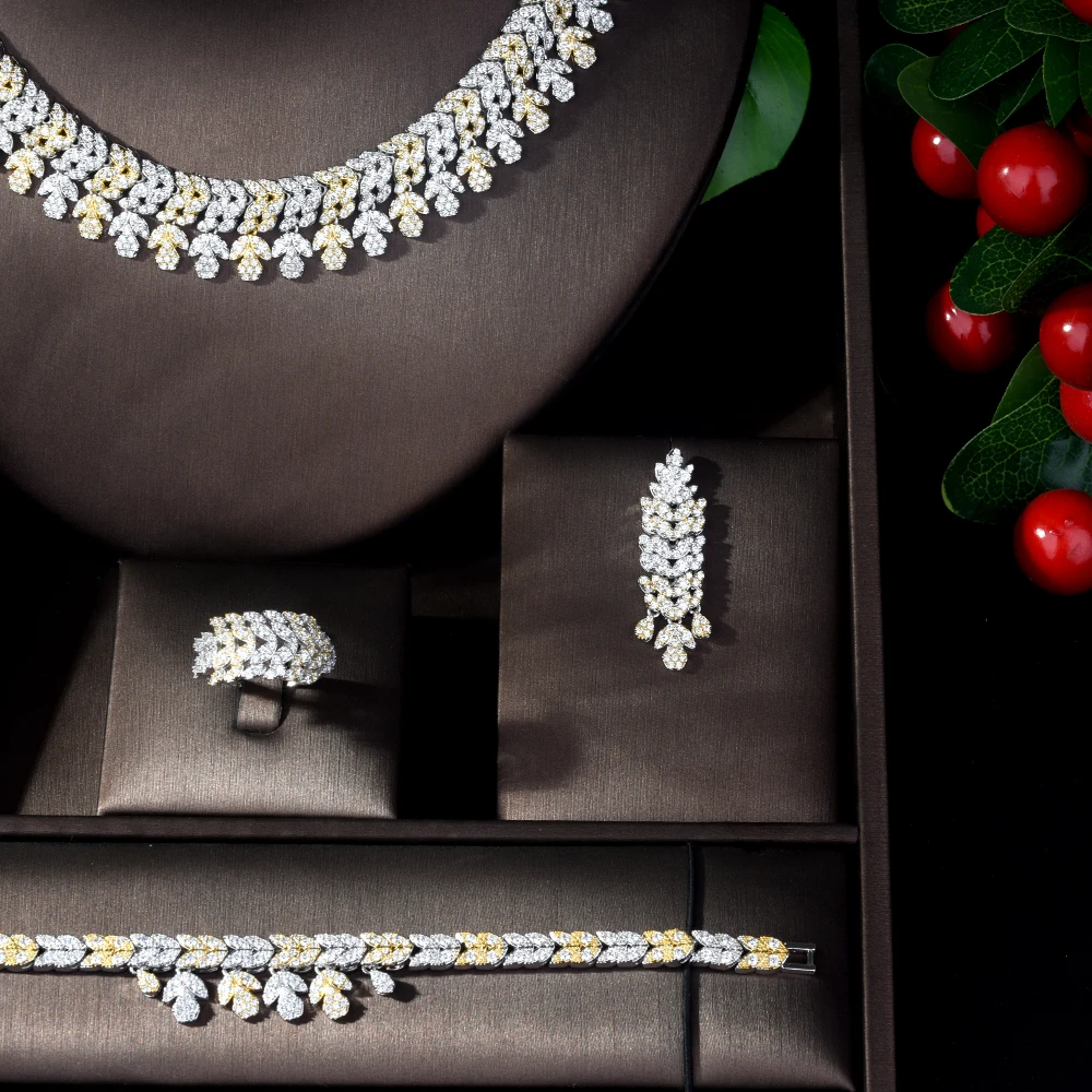 Hibride роскошь Для женщин Jewels элегантное Форма Свадебные CZ Цепочки и ожерелья серьги, браслет, кольцо 4 шт. большой Наборы свадебных ювелирных изделий для брод N-871