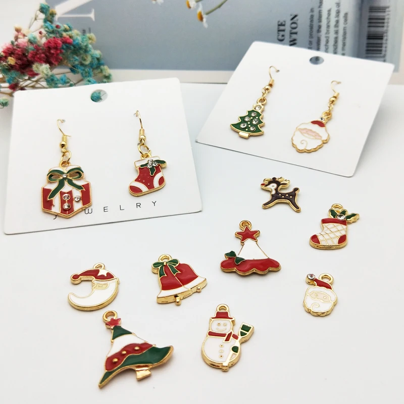 

10pcs Drop Oil Christmas Enamel Charms Christmas Tree Bell Santa Alloy Pendants Fit DIY Earring Bracelet Jewelry Accessory FX186