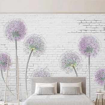 

Custom 3D Wallpaper Modern 3D Stereo White Brick Wall Purple Dandelion Photo Mural Living Room TV Bedroom Art Home Decor Fresco