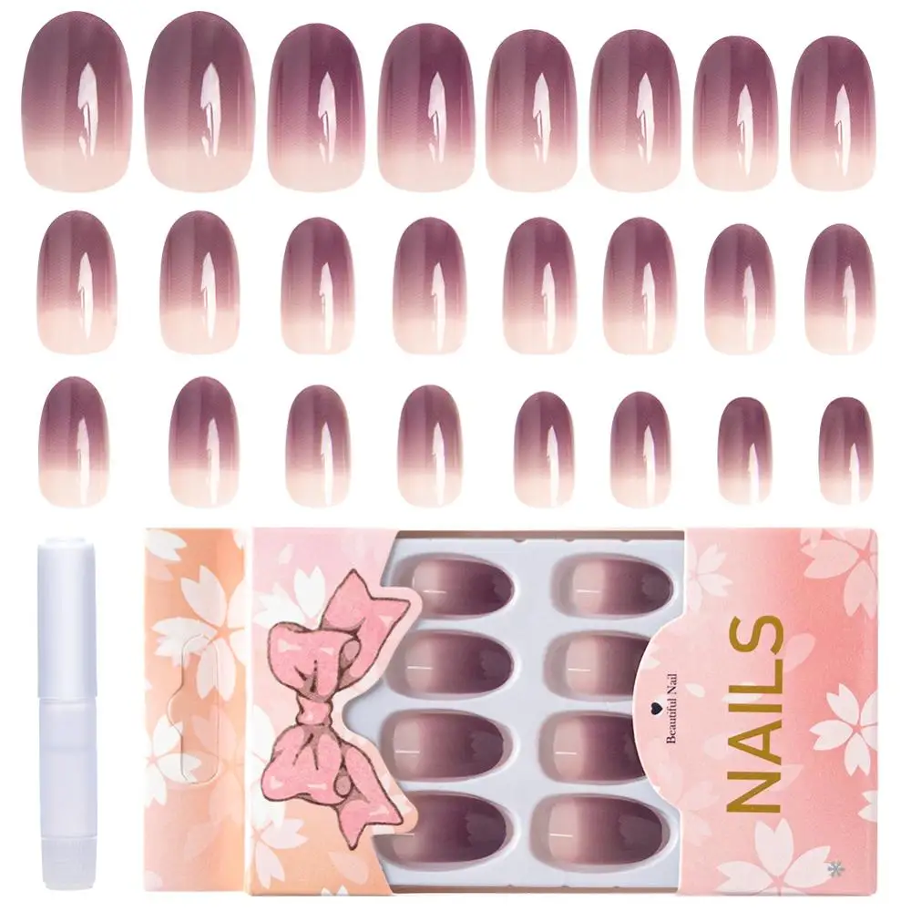 

24 Pcs Finished Product False Nail Tips Fast Fix Purple Gradient Artificial Fake Nails Tips Full Cover Press On Nail With Glue