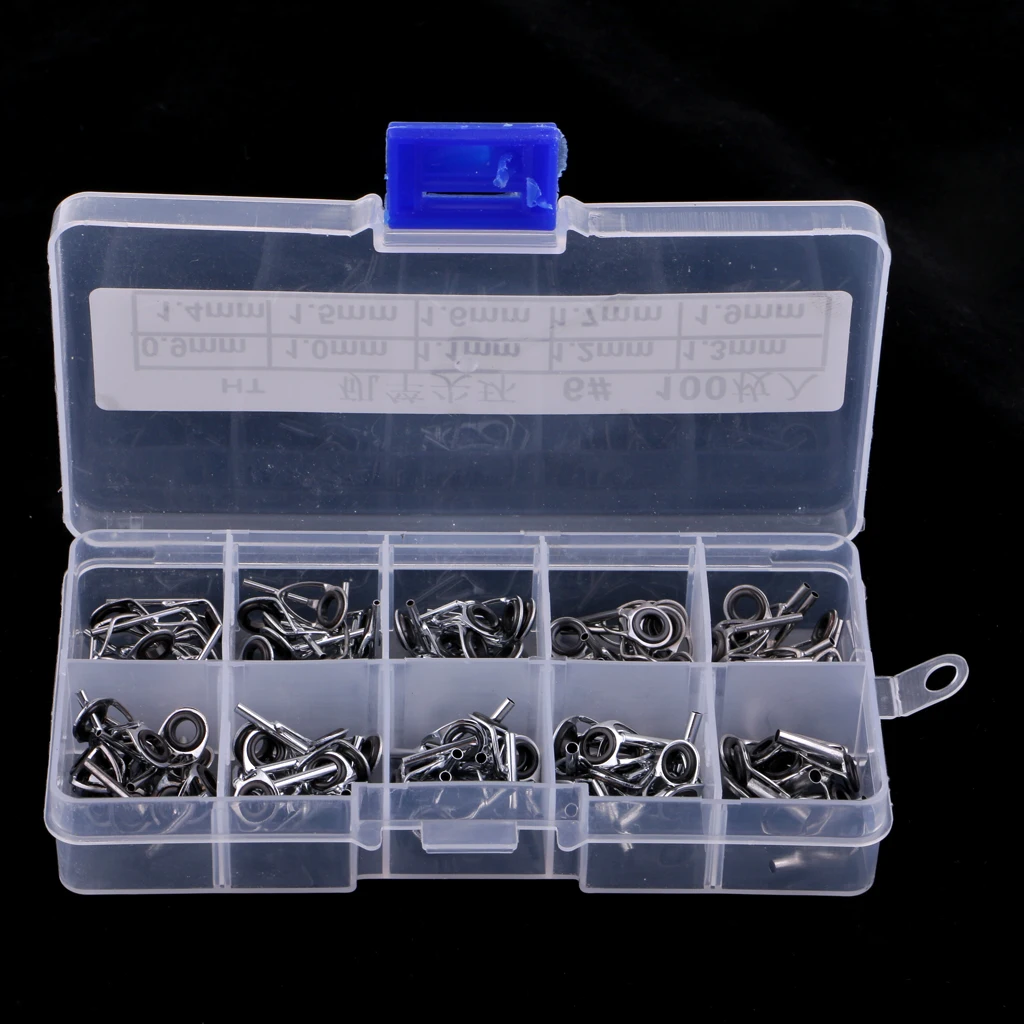 100Pcs/box Stainless Steel Fishing Rod Guides Eye Rings Pole Tip Repair Kit 10 Sizes