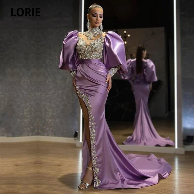 LORIE Arabic Evening Dress Crystals Puff Sleeves High Neck Beaded Mermaid Pleats Long Purple Dubai Prom Gown Party Dress 2021 1