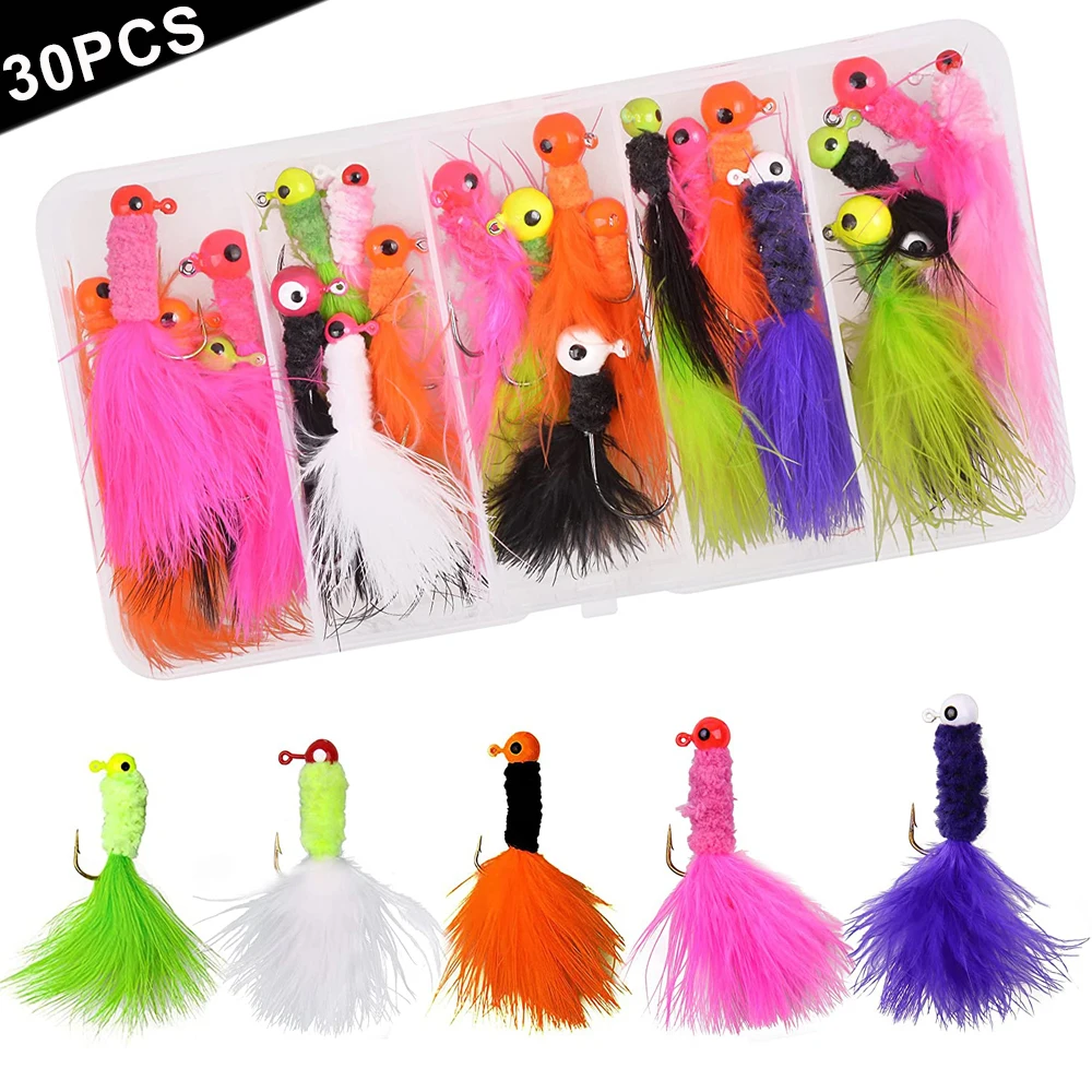 

30Pcs Feather Jig head fishing hooks kit Worm Jigs Hooks Artificial Bait Rig Hand Tied Feather Bass Trout Fly Fishhooks