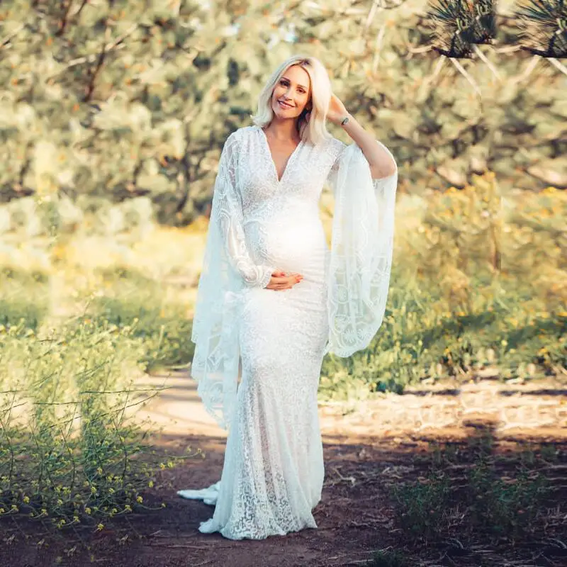 Maternity Photography Props Clothing Pregnant Women Sexy Lace Dress Photo Shoot V-neck Fluttering Sleeves Pregnancy Dresses 2020