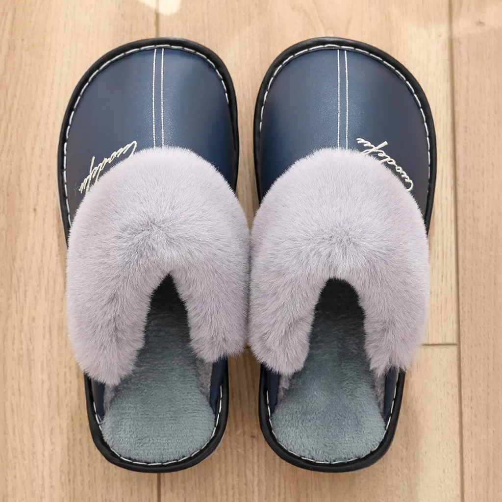 

Winter house slippers men leather plush male shoes waterproof plus size anti dirty warm slippers package non-slip 9.24