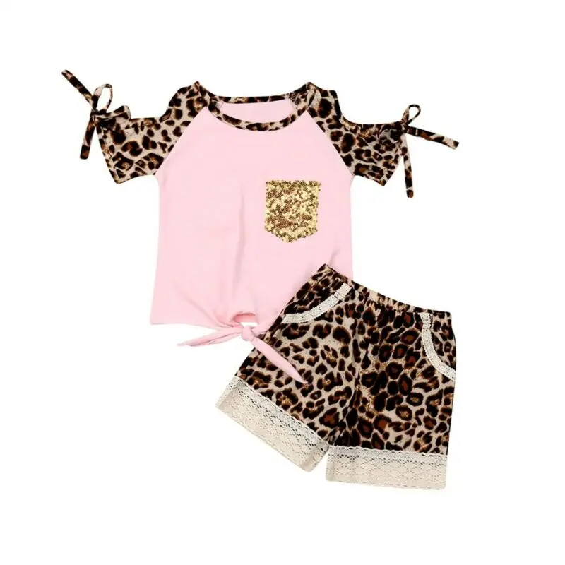 

New 2PCS Toddler Baby Kids Boy Off Shoulder Shirt Tops & Leopard Shorts Outfits Clothes Sets