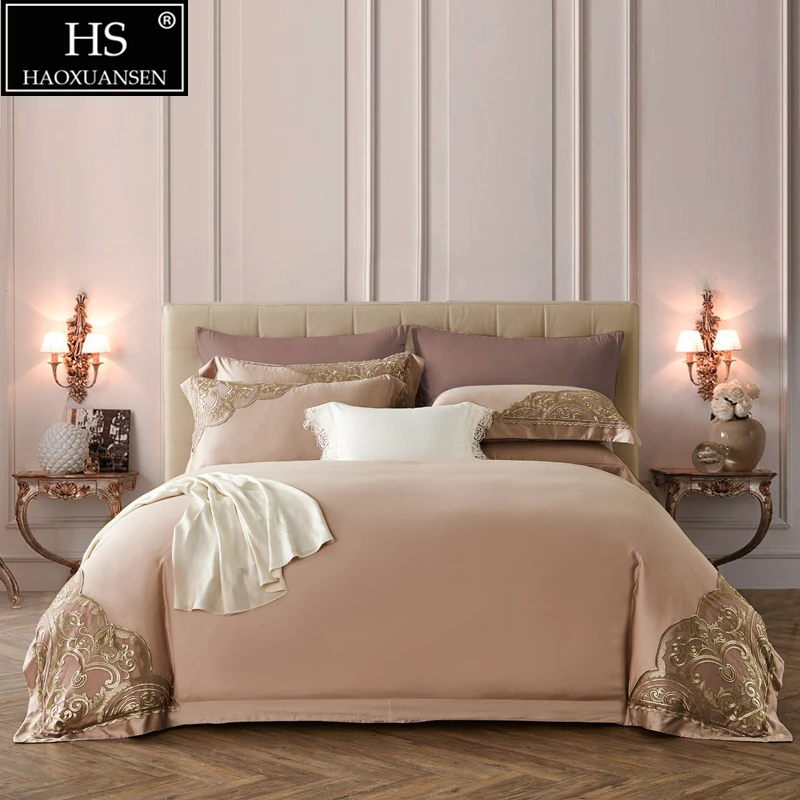 Light Brown Delicate Lace 4Piece Bedding Sets Tencel Lyocell Fabric Queen King Size Quilt Cover Pollowcase Sheets Silky Summer | Дом и сад