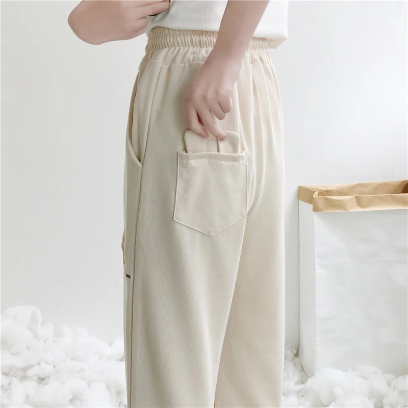 Kawaii Cartoon Casual Pants Women Brown Sweatpants Girls Cute Bear Embroidery Autumn Streetwear Loose Beige Wide Leg Trousers