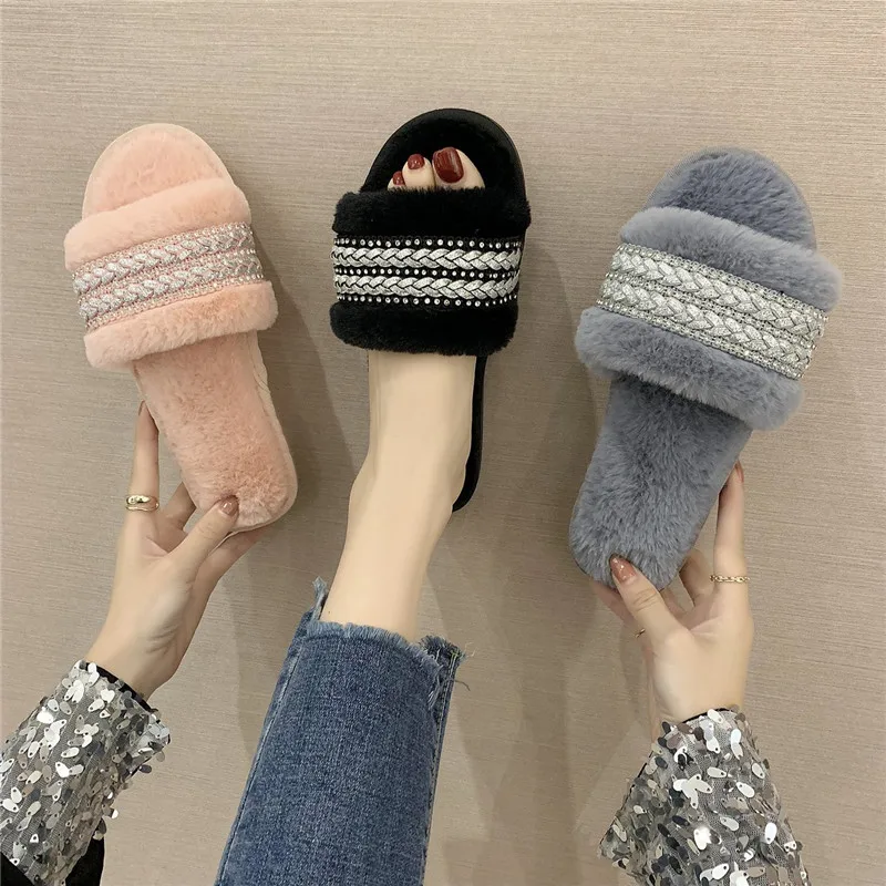 Zapatillas de casa a la moda para mujer, zapatos cálidos de piel sintética, planos sin cordones, con decoración de diamantes, tacón de 1,5 cm, zapatillas de talla grande 43, para invierno