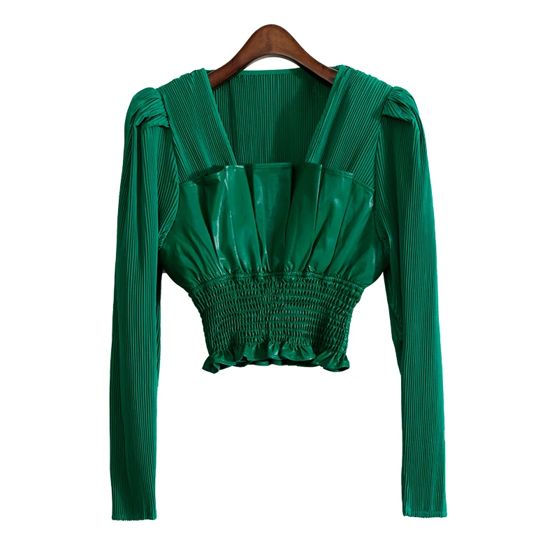 ECRURANI Green Casual Patchwork Shirts For Females Square Collar Long Sleeve Solid Elegant Short Blouse Women's Fashion Clothing