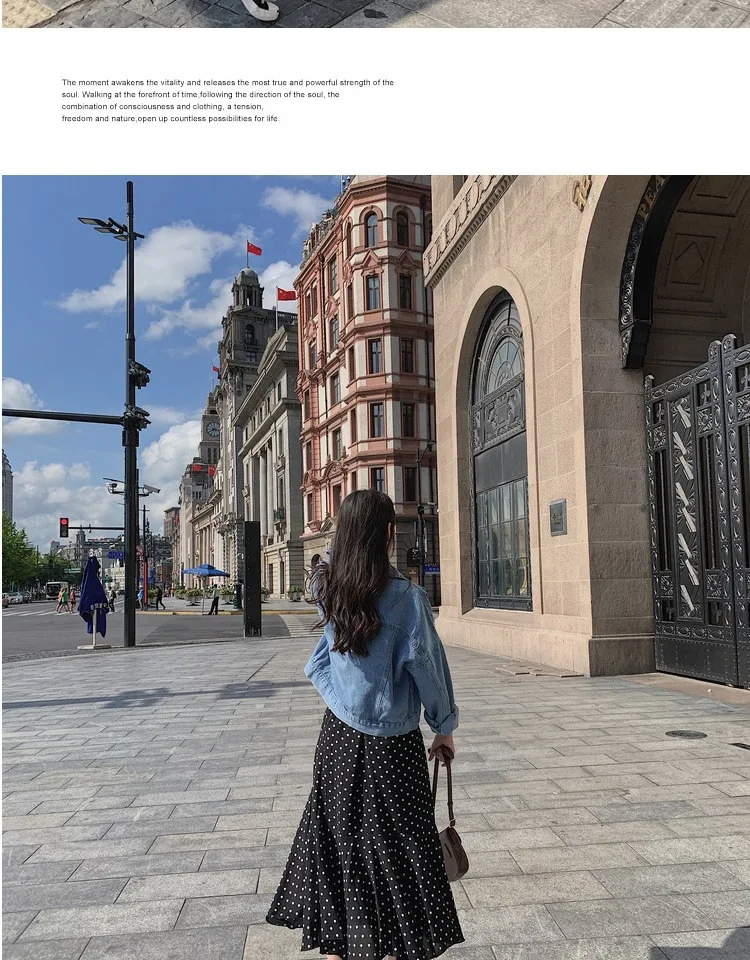 Для фотосессии, Южная Корея, Ulzzang, осенняя одежда, джинсовая синяя куртка, короткое пальто, женская юбка в горошек с оборками, комплект из двух предметов