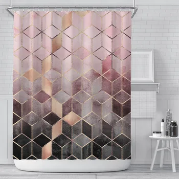 

With C Rings Low Transparency Machine Washable Digital Printing Ombre Drape Hanging Bath Decor Shower Curtain Geometric Grid