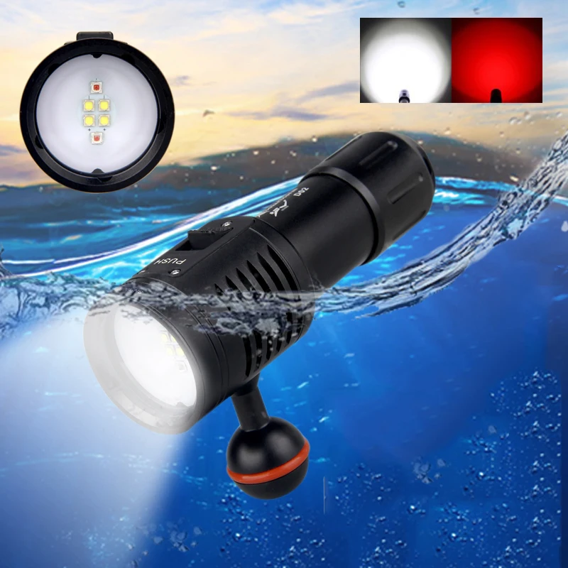 Powerful 1000 Lumens White+Red Light color Diving Flashlight LED Torch Underwater 100M Video