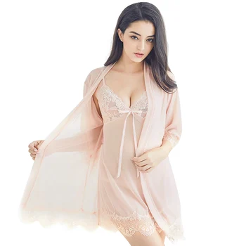 

Sexy Mousse Sloth Lingerie Pajamas for Women Lace Suspender Skirt T-shirt Robes Three-piece Suit Nightwear Sleepwear Robe Set